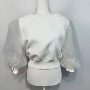 Gracia Sweater Womens Large White Sheer Puff Sleeve Ruffle Hem Blouse Top T22833